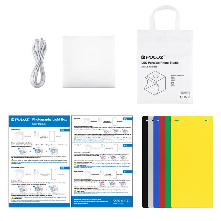 PULUZ 24cm x 23cm x 23cm 便攜式簡易摺疊攝影棚2x LED燈柔光拍攝台 配1條Micro USB線&6色背景布