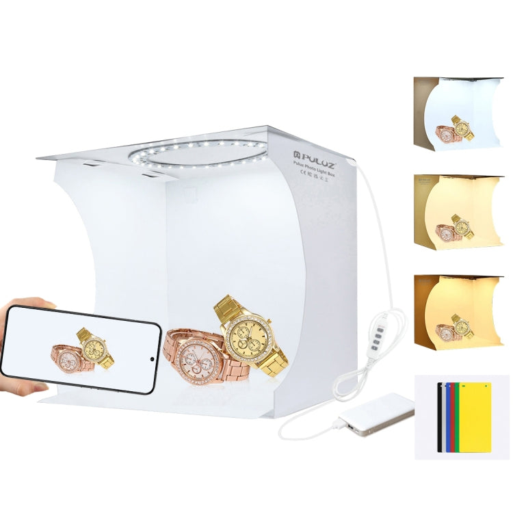 PULUZ  24cm x 23cm x 23cm便攜式簡易摺疊攝影棚1環形LED燈板柔光拍攝台 配6色背景布