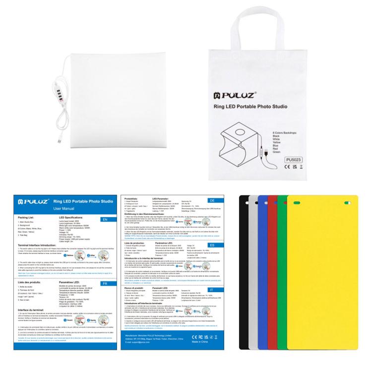 PULUZ  24cm x 23cm x 23cm便攜式簡易摺疊攝影棚1環形LED燈板柔光拍攝台 配6色背景布