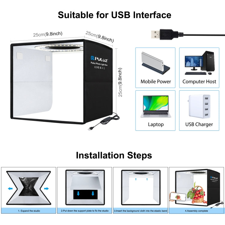 PULUZ  25cm 三色溫環形燈LED便攜式簡易摺疊攝影棚 帶6張雙面顏色背景布尺寸: 25cm x 25cm x 25cm