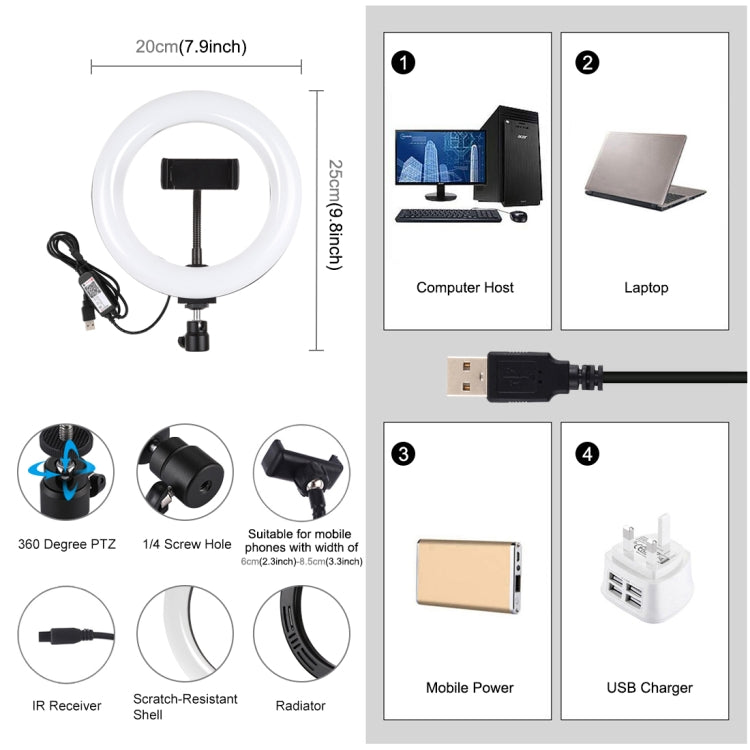 PULUZ  7.9英寸20cm可調光 RGBW LED弧面環形攝影燈自拍補光燈, 帶手機夾