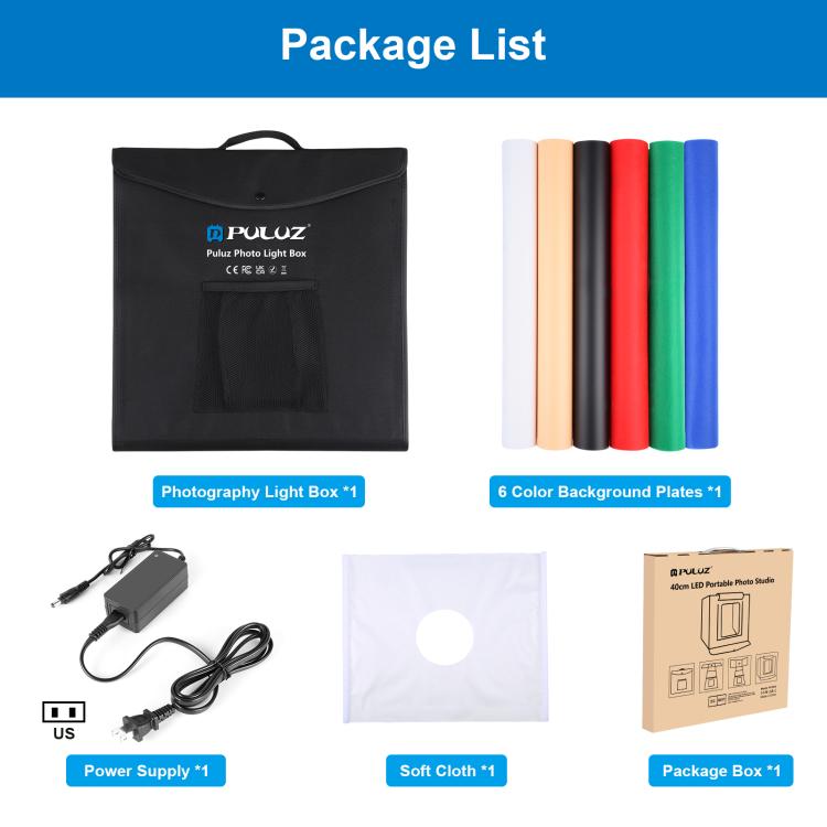 PULUZ 40cm Folding Portable White Light Dimmable Photo Lighting Studio Shooting Tent Box Kit with 6 Colors (Black, Orange, White, Red, Green, Blue) Backdrops