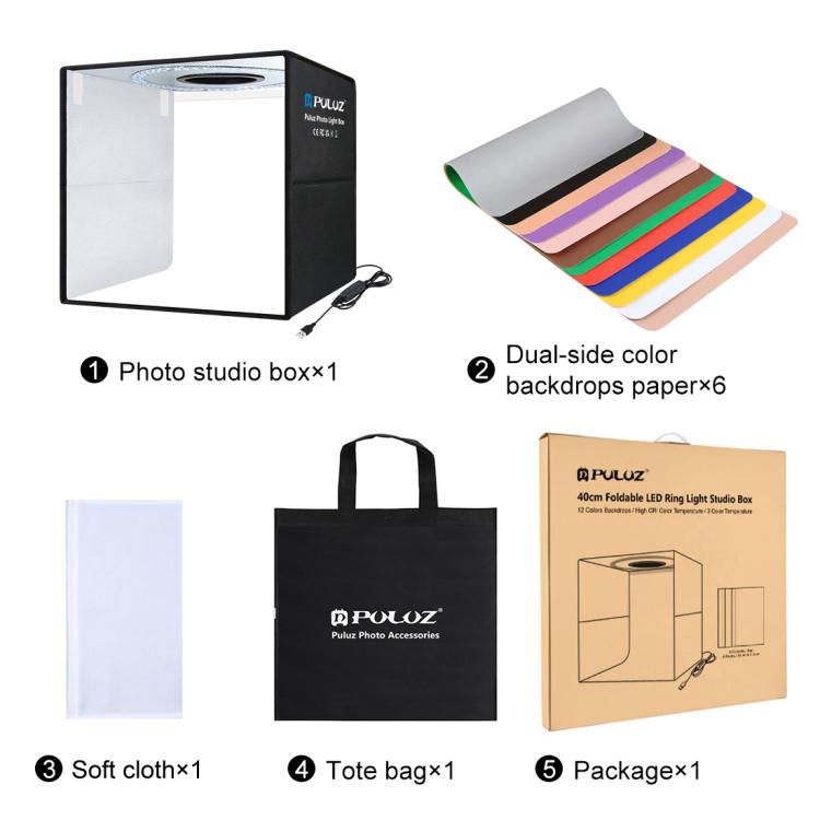 PULUZ  40cm摺疊攝影棚 環形燈LED便攜式簡易摺疊攝影棚 帶6張雙面顏色背景布 尺寸: 40cm x 40cm x 40cm