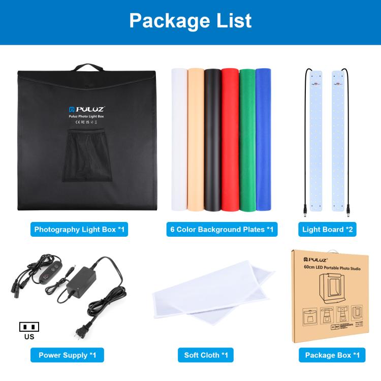 PULUZ 60厘米36W 2x1690LM 5500K白光可調光便攜式簡易摺疊攝影棚套裝拍照攝影燈箱柔光箱帶6色背景板