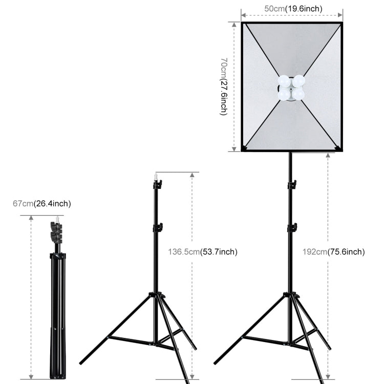 PULUZ 50x70cm Studio Softbox + 2m Tripod Mount + 4 x E27 20W 5700K White Light LED Light Bulb Photography Lighting Kit