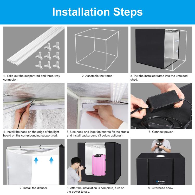 PULUZ 80cm Folding Portable 72W White Light Photo Lighting Studio Shooting Tent Box Kit with 3 Colors Black / White / Orange Backdrops