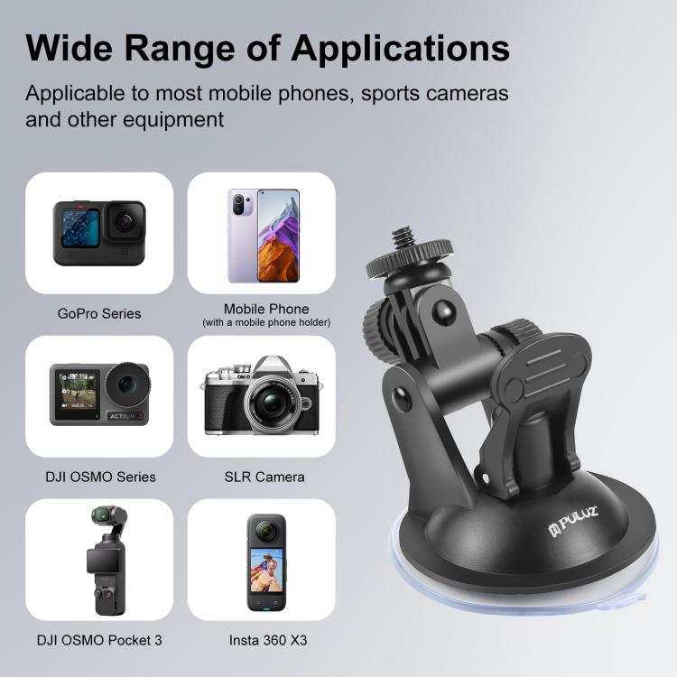 PULUZ Car Suction Cup Mount with Screw & Tripod Mount Adapter & Storage Bag for GoPro, Insta360, DJI and Other Action Cameras