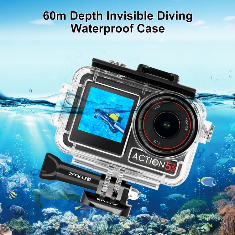 For DJI Osmo Action 5 Pro / 3 / 4 PULUZ 60m Underwater Waterproof Housing Diving Case with Cold Shoe & Buckle Basic Mount & Screw