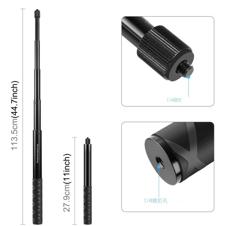 PULUZ 110cm Metal Selfie Stick Monopod with Invisible Adapter Base & Screw for Insta360 One RS / X2 / X3 / X4 / DJI Osmo 360