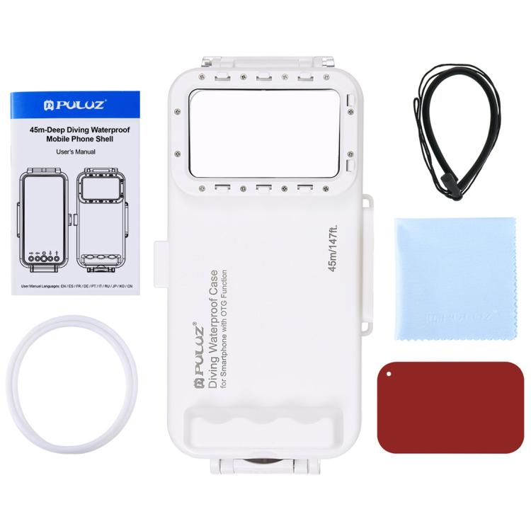 PULUZ 45m/147ft Waterproof Diving Case Photo Video Taking Underwater Housing Cover for iPhone 16 / 16 Pro / 15 / 15 Pro, Galaxy, Huawei, Xiaomi, Google Android OTG Smartphones with Type-C Port