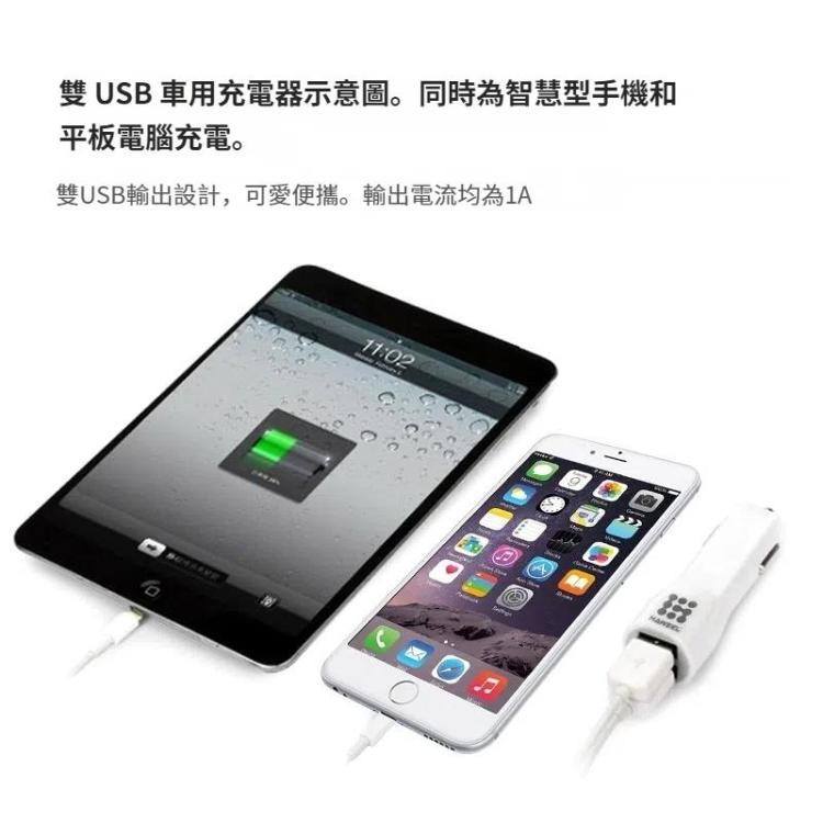 HAWEEL 高質量 2.1A + 1A 一拖二雙USB接口車載手機充電器 白色