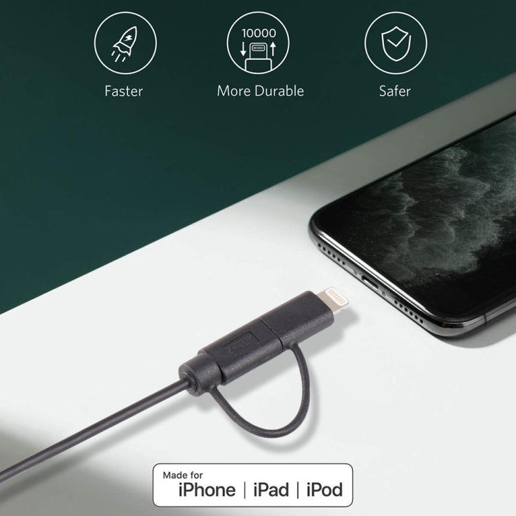 MFI認證 8 pin + Micro USB 2.0 二合一數據充電線，線長1米