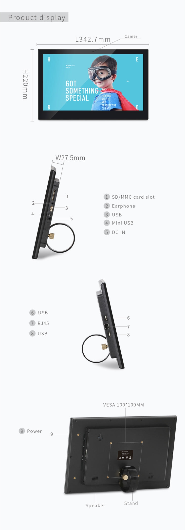 HSD-P538, Touch Screen All in One PC with Holder, 2GB+16GB, 14 inch IPS Android 11 RK3568 Quad-core, Support Bluetooth, WiFi, SD Card, USB OTG