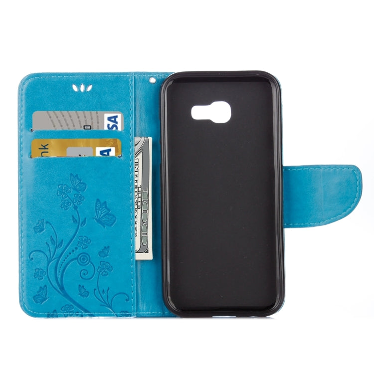 適用於三星蓋樂世A5  / A520 壓花蝶戀花圖案左右開皮套 帶支架&卡槽&錢包&手繩