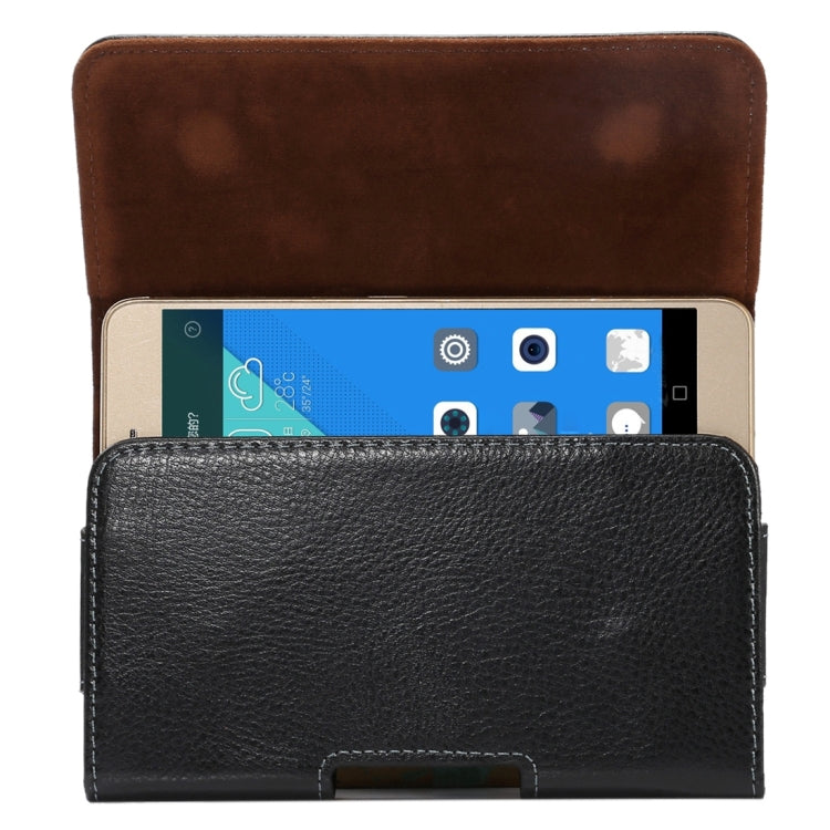 適用於三星蓋樂士S7 Edge,Note 5 & 4 & 3 & 2,華為P9 Plus & 榮耀7i / 6 Plus 等5.5寸相同規模機型通用 皮革荔枝紋可旋轉背夾扣上下開橫套掛腰包