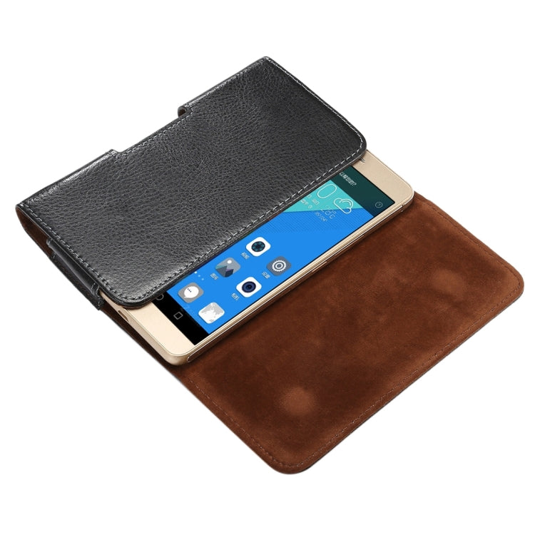 適用於三星蓋樂士S7 Edge,Note 5 & 4 & 3 & 2,華為P9 Plus & 榮耀7i / 6 Plus 等5.5寸相同規模機型通用 皮革荔枝紋可旋轉背夾扣上下開橫套掛腰包