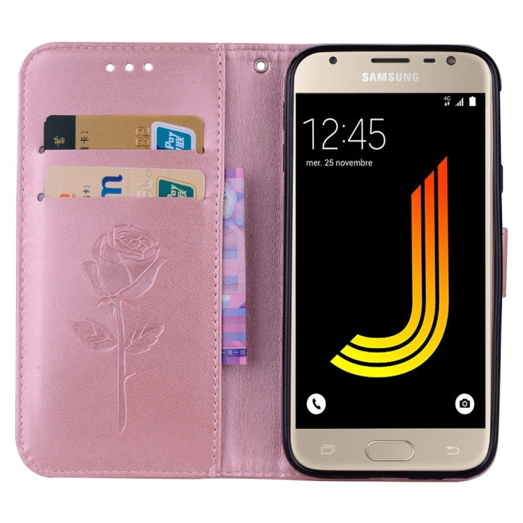 適用於三星蓋樂世J3  / J330  玫瑰壓花圖案左右翻蓋皮套 帶支架&卡槽&錢包