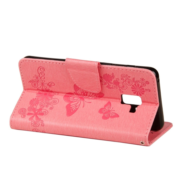 適用於三星Galaxy A8+  壓花大蝴蝶圖案左右開皮套 帶卡槽&支架&錢包&手繩