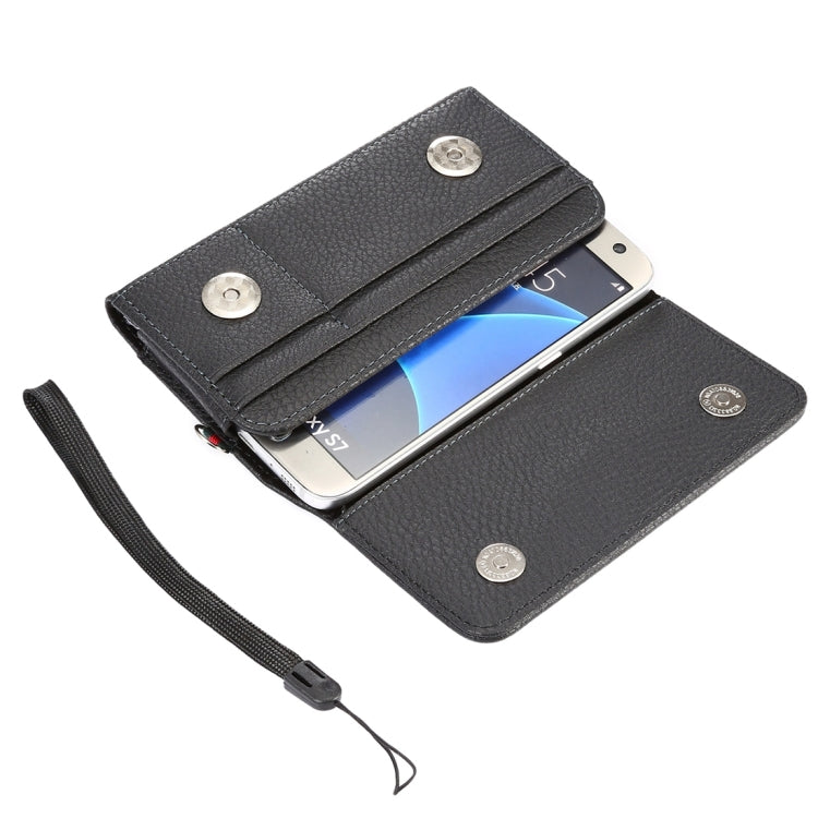 5.0-5.2寸手機通用 PU皮荔枝紋背夾扣上下開橫套掛腰包 帶卡槽和15cm手繩 尺寸：14.6x7.8x1.8cm