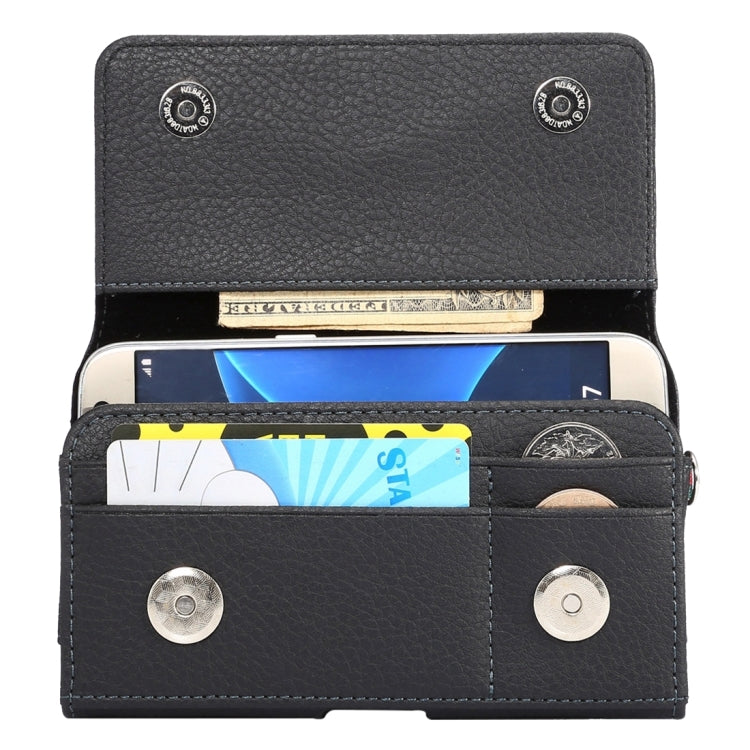 5.0-5.2寸手機通用 PU皮荔枝紋背夾扣上下開橫套掛腰包 帶卡槽和15cm手繩 尺寸：14.6x7.8x1.8cm