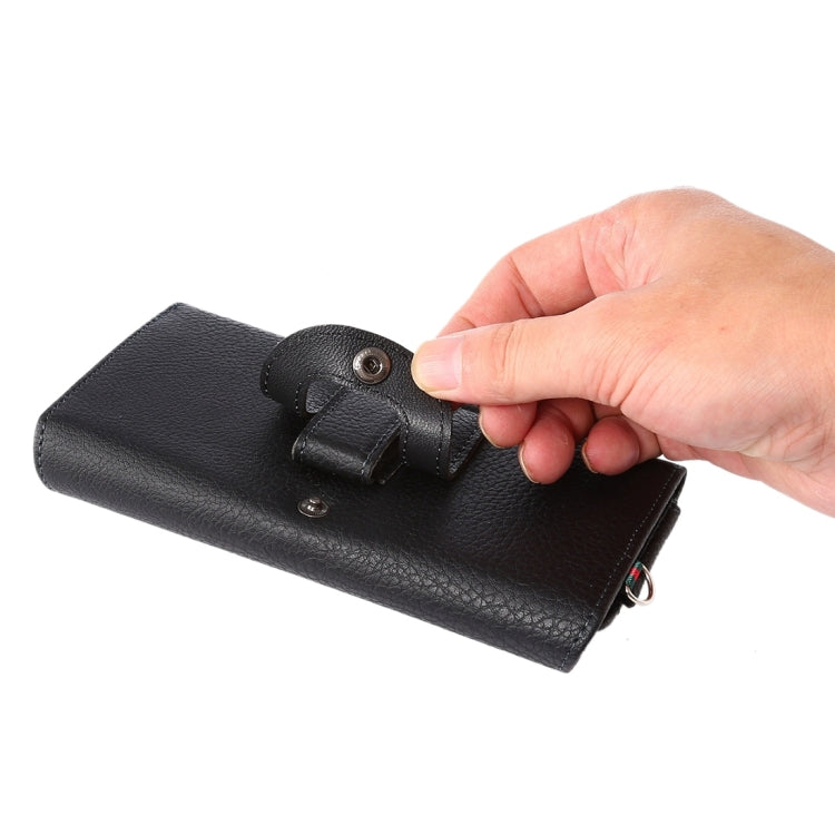 5.0-5.2寸手機通用 PU皮荔枝紋背夾扣上下開橫套掛腰包 帶卡槽和15cm手繩 尺寸：14.6x7.8x1.8cm