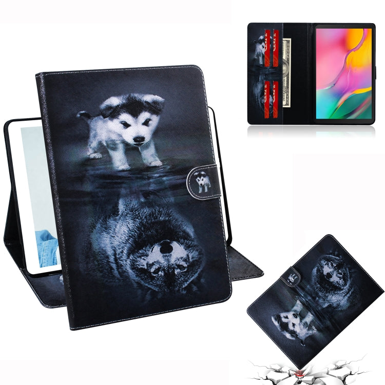 適用於三星 Galaxy Tab A 10.1  T510 / T515 狼和狗圖案左右開皮套 帶支架&卡槽&錢包