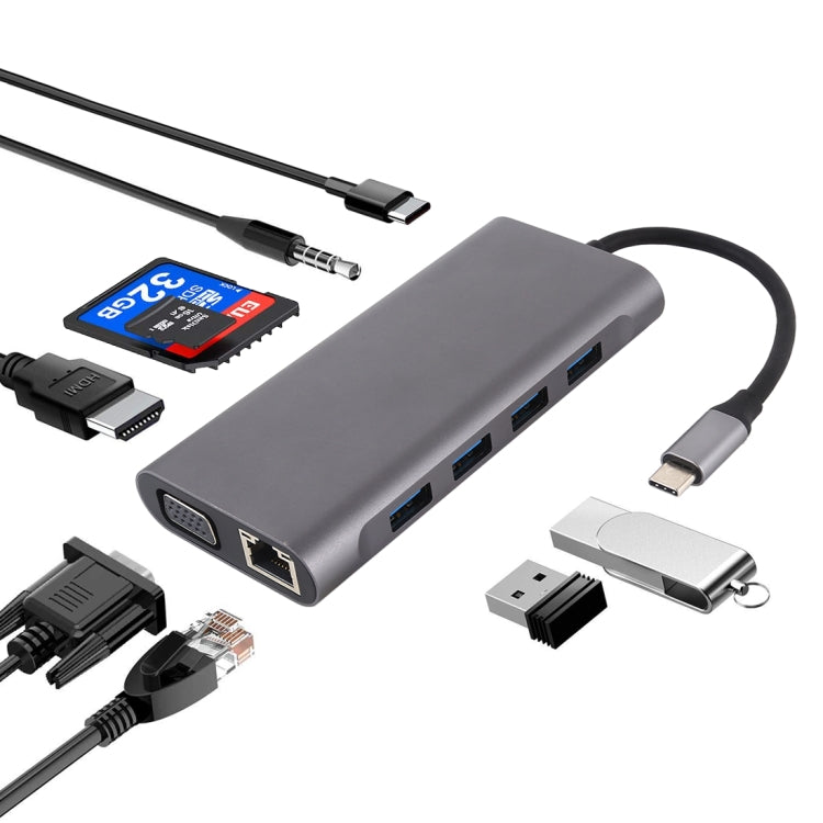 11合1 VGA+LAN Port+4 x USB 3.0+SD / TF卡+HDMI+音頻接口+Type-C母頭 轉 Type-C HUB適配器