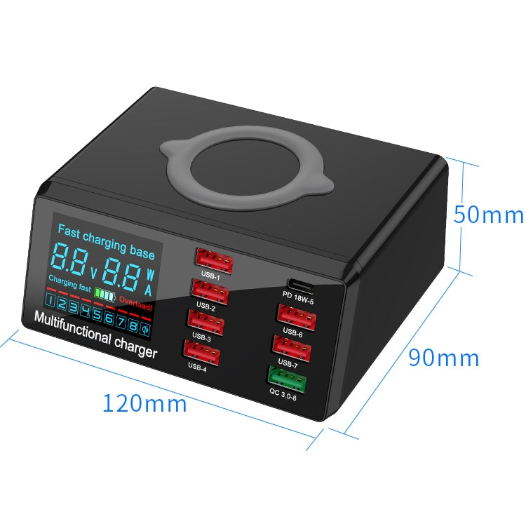 X9 9合一 QC 3.0 USB接口+6個USB接口+PD 65W 接口+QI 無線快充 多功能充電器帶LED显示屏