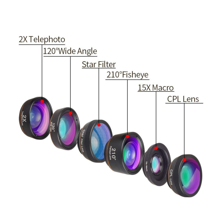 APEXEL APL-DG6V2 六合一210度魚眼/120度廣角/15X微距/2X長焦/偏光/星光通用外置手機鏡頭套裝