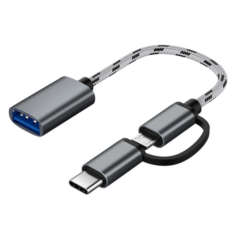 USB 3.0母頭轉Micro USB+Type-C公頭 一拖二 充電+傳輸 OTG尼龍編織轉接線，線長：17cm