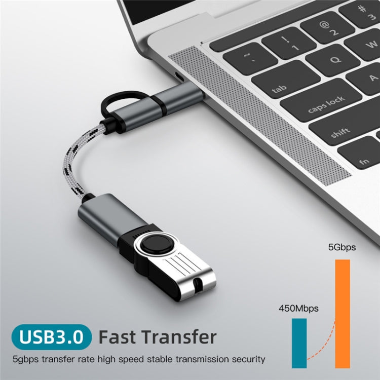 USB 3.0母頭轉Micro USB+Type-C公頭 一拖二 充電+傳輸 OTG尼龍編織轉接線，線長：17cm