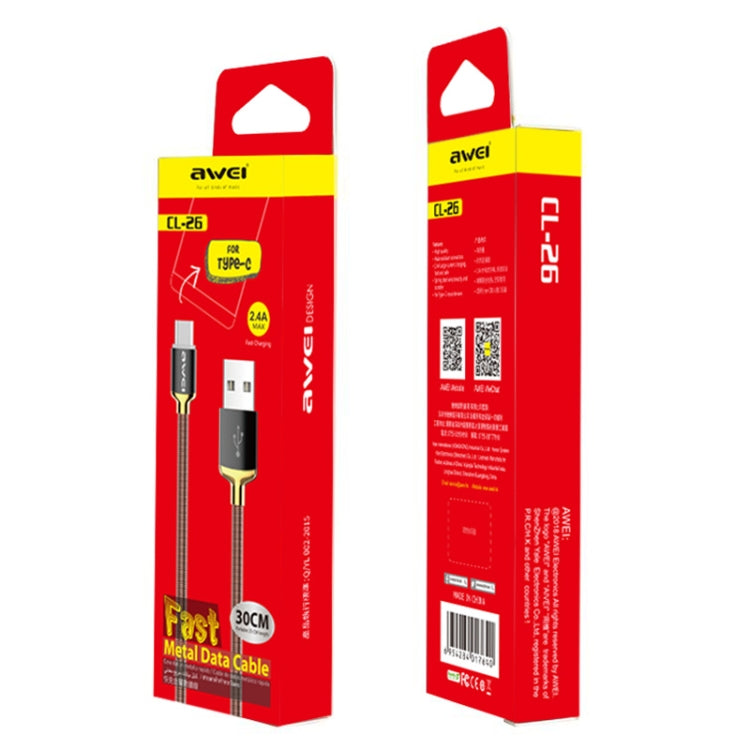 awei CL-26 0.3m 2.4A USB轉Type-C接口 金屬充電線