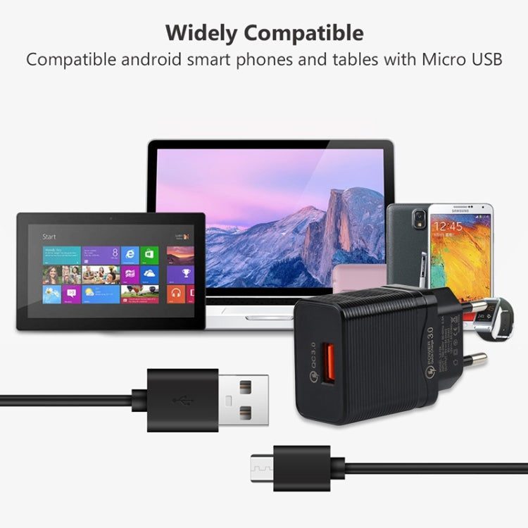 LZ-728 2合一 18W QC 3.0 USB接口旅行充+USB轉Micro USB數據線套裝，歐規，線長：1m