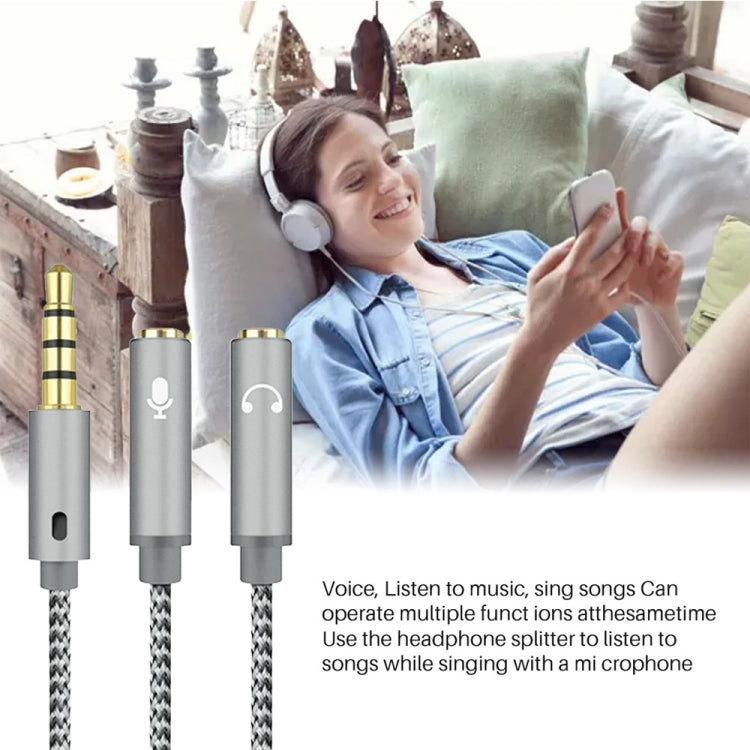 HY191 2合一 3.5mm公頭轉麥克風+音頻母頭 一分二編織音頻線，長度：26cm