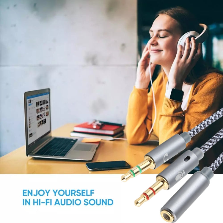 YH192 2合一 3.5mm母頭轉麥克風+音頻公頭 一分二編織音頻線，長度：22cm