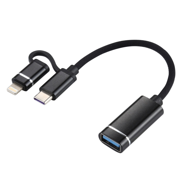 USB 3.0母頭轉8 Pin+Type-C公頭 一拖二 充電+傳輸 OTG尼龍編織轉接線，線長：11cm