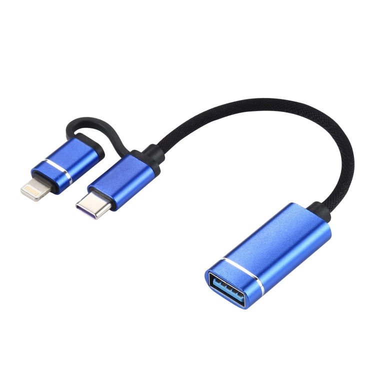 USB 3.0母頭轉8 Pin+Type-C公頭 一拖二 充電+傳輸 OTG尼龍編織轉接線，線長：11cm