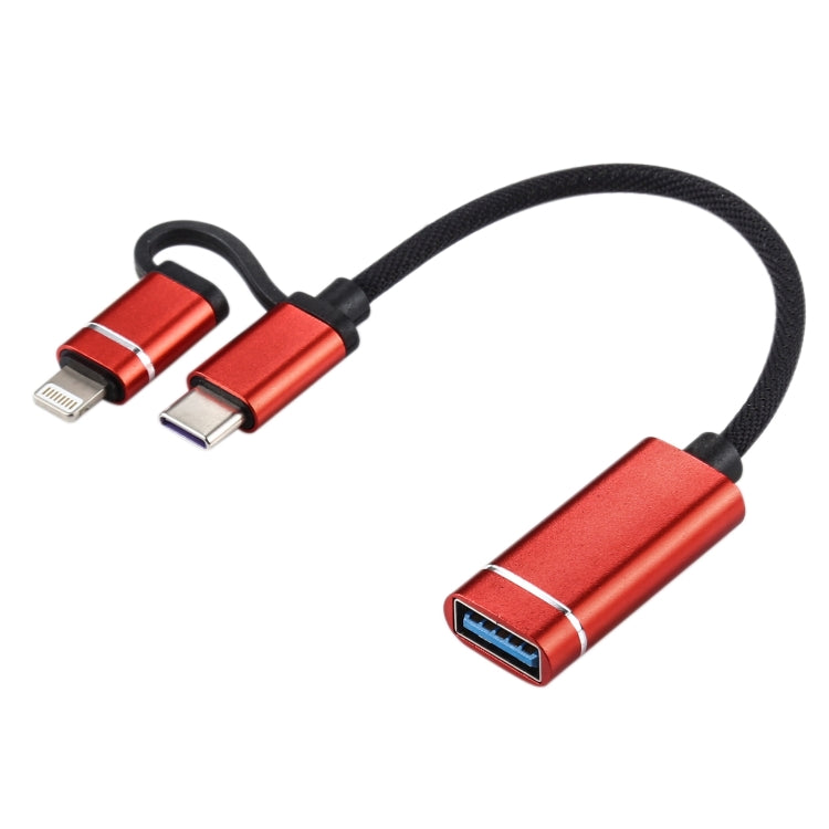 USB 3.0母頭轉8 Pin+Type-C公頭 一拖二 充電+傳輸 OTG尼龍編織轉接線，線長：11cm