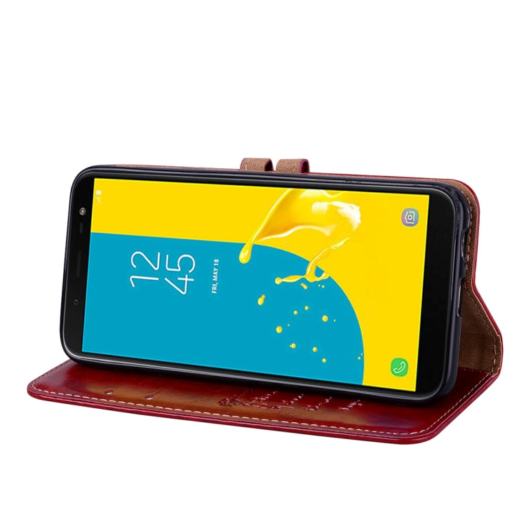 適用於三星蓋世樂 J6  男女商務款油蠟紋左右翻蓋皮套帶支架&卡槽&錢包