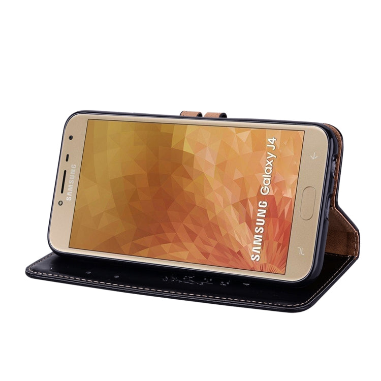 適用於三星蓋世樂 J4 男女商務款油蠟紋左右翻蓋皮套帶支架&卡槽&錢包
