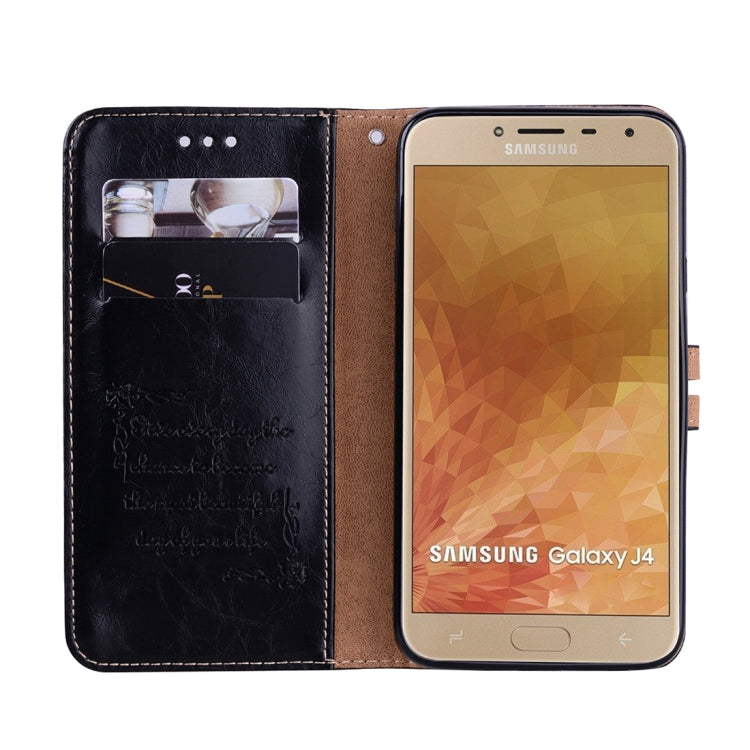 適用於三星蓋世樂 J4 男女商務款油蠟紋左右翻蓋皮套帶支架&卡槽&錢包