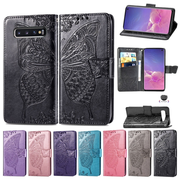 適用於三星 Galaxy S10 蝶戀花圖案壓花左右開皮套 帶支架&卡槽&錢包&手繩