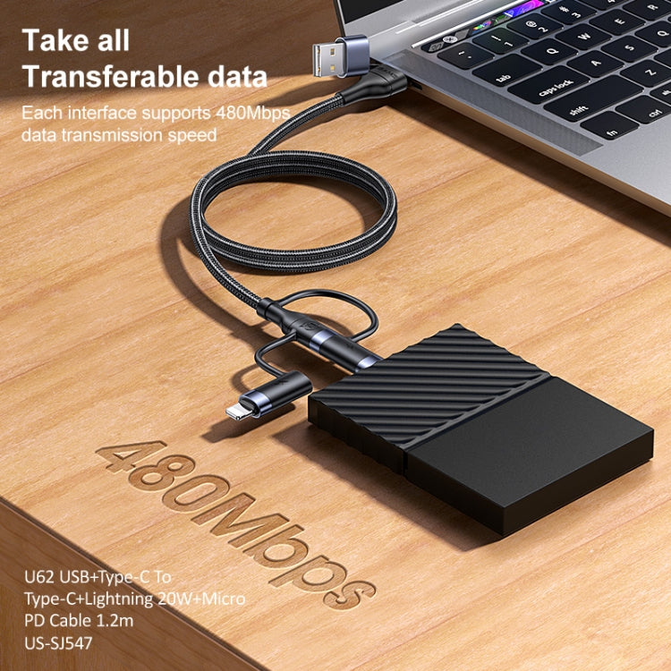 USAMS US-SJ547 U62 USB+Type-C轉Type-C+8 Pin+Micro 鋁合金PD快充數據線 長度：1.2m