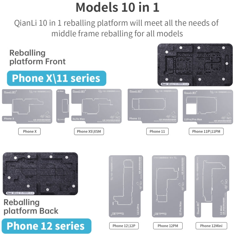 Qianli 10合1 中層植錫平台 適用於 iPhone X / XS / XS Max / 11 / 11 Pro / 11 Pro Max / 12 / 12 Pro / 12 mini / 12 Pro Max