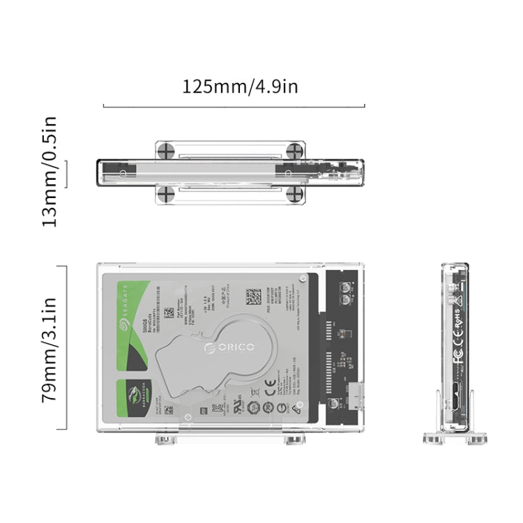 ORICO 2159U3 PC透明材質2.5寸SATA USB3.0移動硬盤盒，機身全透視效果帶支架