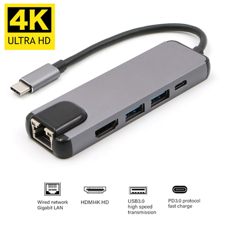 Type-c 3.1 轉高清4K hdmi + rj45 +USB3.0 +USB 2.0 + PD 5合1轉換器多功能擴展塢