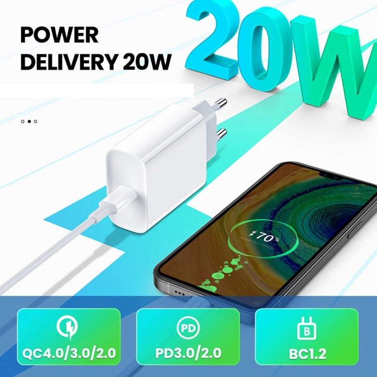 2合一 PD 20W 單個Type-C接口旅行充 + 3A PD3.0 Type-C轉Type-C 快充數據線套裝，線長：2m，歐規