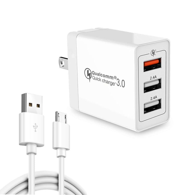 SDC-30W  2合一 USB轉Micro USB數據線 + 30W QC 3.0 USB + 2.4A 雙USB 2.0接口 手機平板通用快速充電器旅行充套裝，美規