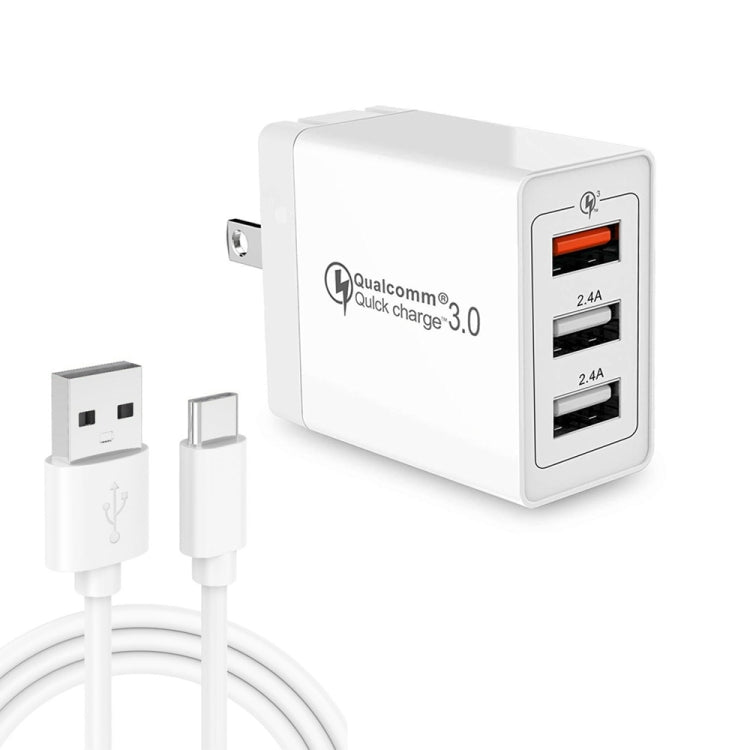 SDC-30W 2合一 USB轉Type-C數據線 + 30W QC 3.0 USB + 2.4A 雙USB 2.0接口 手機平板通用快速充電器旅行充套裝，美規