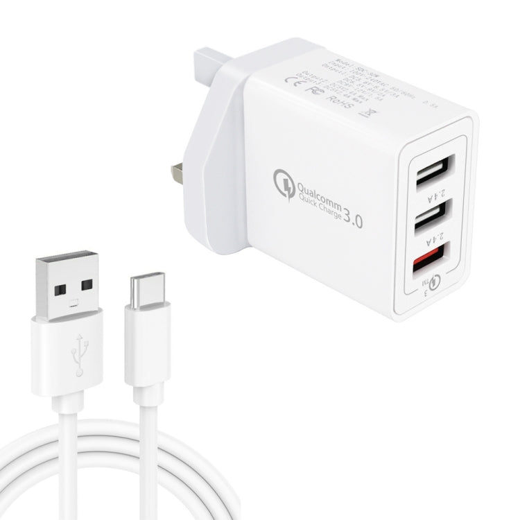 SDC-30W 2合一 USB轉Type-C數據線 + 30W QC 3.0 USB + 2.4A 雙USB 2.0接口 手機平板通用快速充電器旅行充套裝，英規